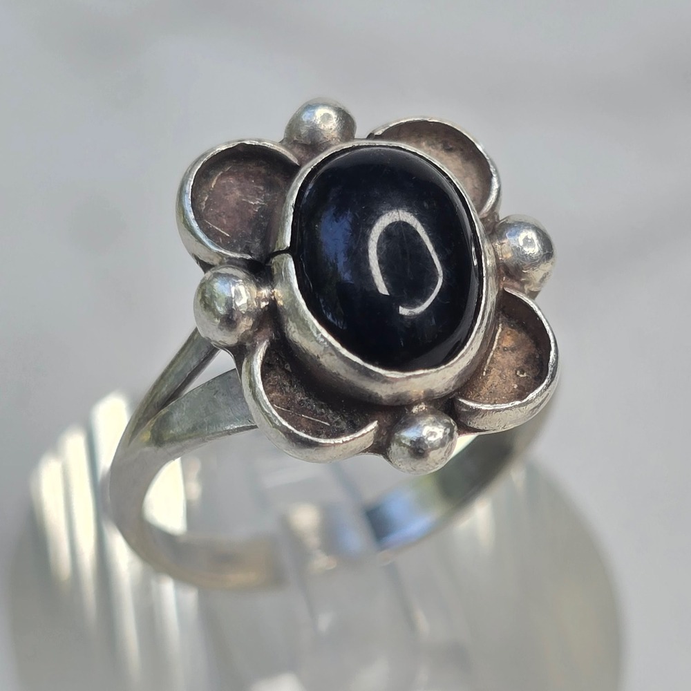 Vintage FAS 925 Sterling Silver Black Onyx Rings Floral Ornate Sizes 5 & 6.5 - Picture 3 of 8